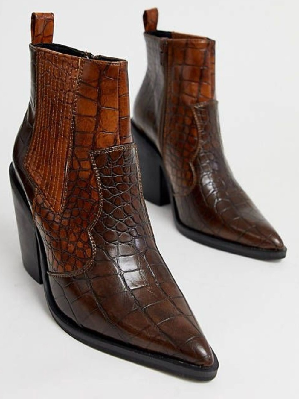 ASOS Croc-Embossed Pointed Toe Ankle Boots - Brown